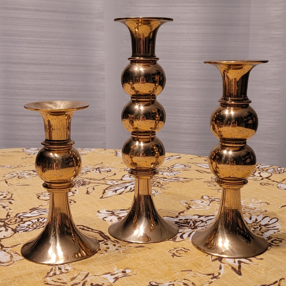 Vintage Brass Candle Holders, 3 pc set